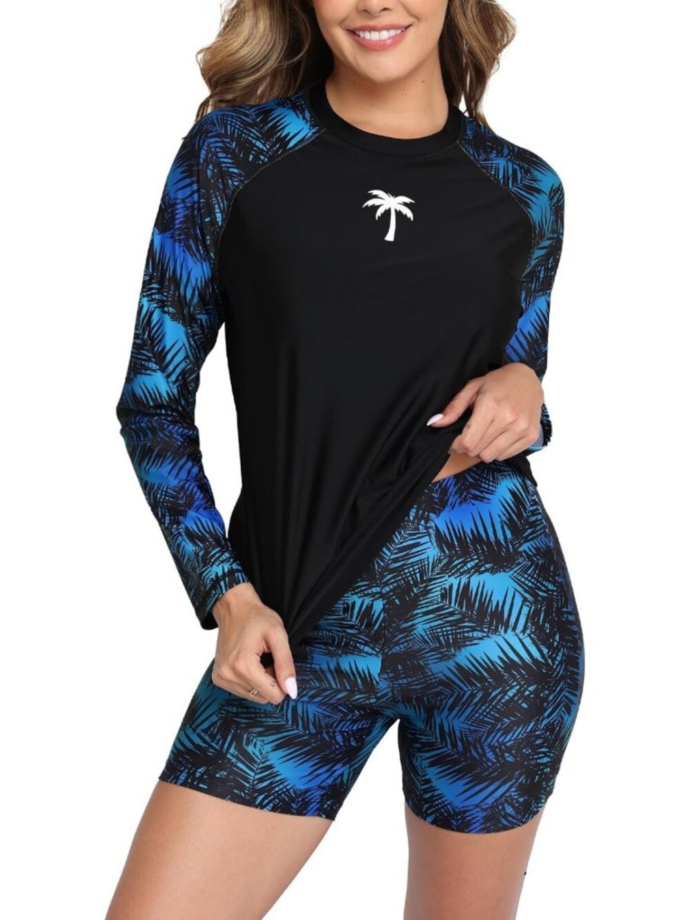Women's Long Sleeve 2-Piece Rash Guard Swimsuit Set with Built-In Bra